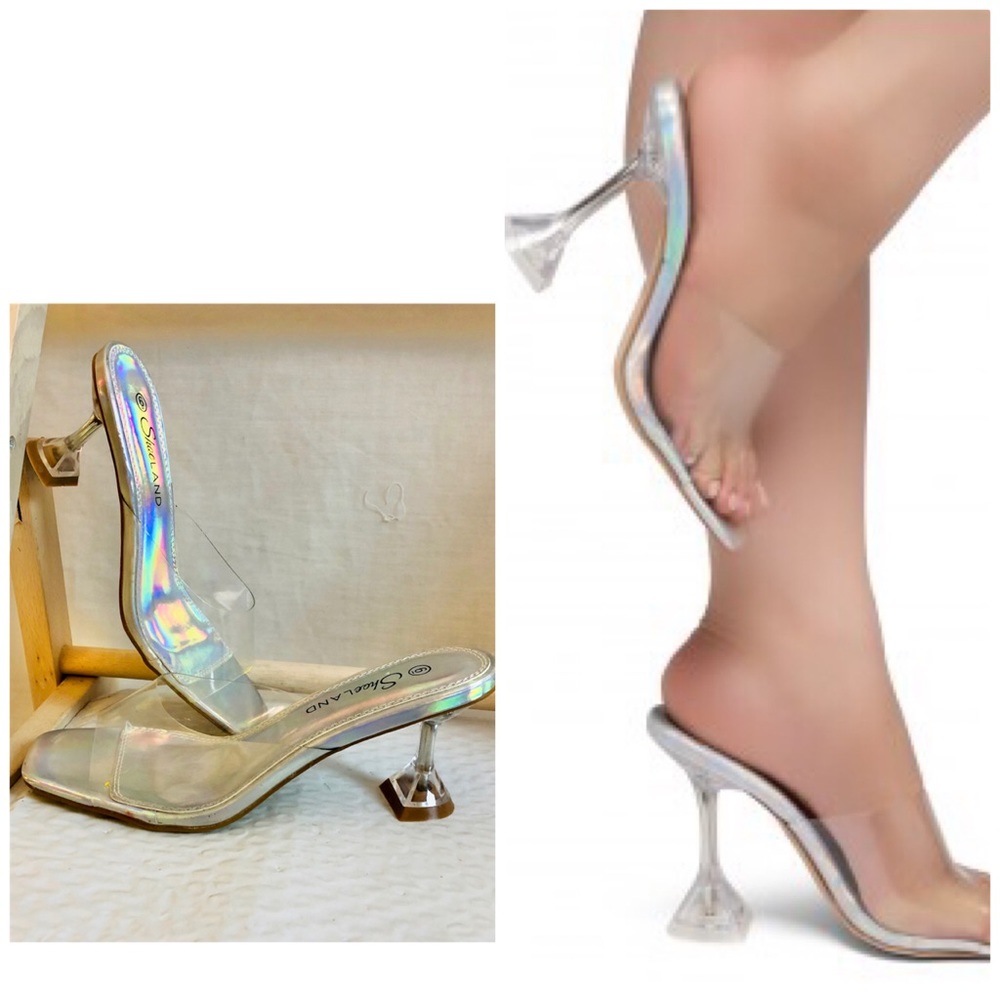 Clear Lucite Slides Open Toe Heels by Shoe Land “Celebrate” Size 6 Squared Toe